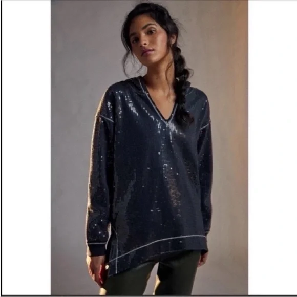 ANTHROPOLOGIE Sequined Hoodie Side Slit Sweater Tunic Pullover Top Black XS NWT - Picture 6 of 13
